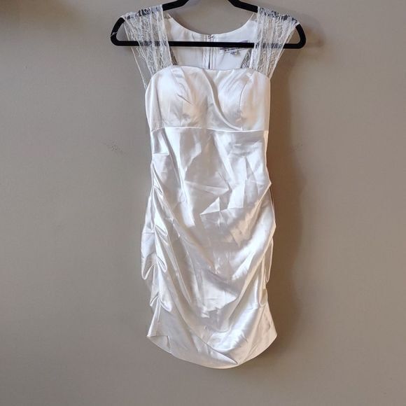 Hailey Logan by Adrianna Papell White Satin Mini Dress w/ Lace Straps Sz S - Picture 1 of 13
